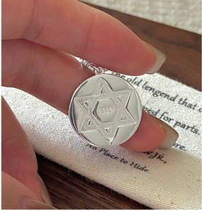 Detailed macro view of S925 sterling silver hexagram pendant with vintage matte finish