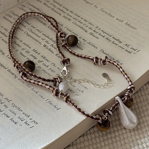 S925 sterling silver woven necklace with tiger eye beads and water drop pendant