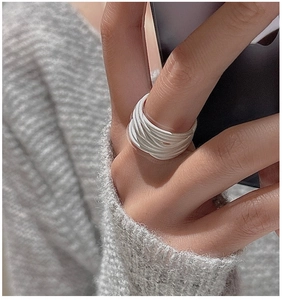 Close-up of minimalist S925 sterling silver multilayer ring with a matte white finish