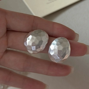 925 Sterling Silver Hammered Oval Stud Earrings Vintage Matte Finish Geometric Design Niche Ear Jewelry For Women