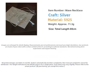 Detail of S925 sterling silver wave necklace with pearls showing length and weight info