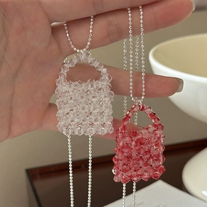 925 Sterling Silver Mini Handbag Pendant Necklace Handmade Crystal Beaded Sweater Chain Long Minimalist Jewelry For Women