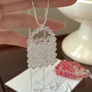 S925 silver beaded mini bag pendant necklace with red and clear crystal accents