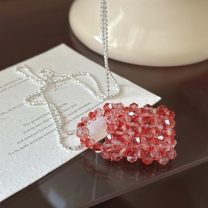 S925 sterling silver ball chain necklace with handmade red beaded mini handbag pendant