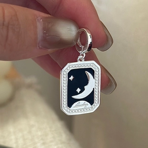 S925 sterling silver rectangular moon and star pendant with black enamel and Lucky text