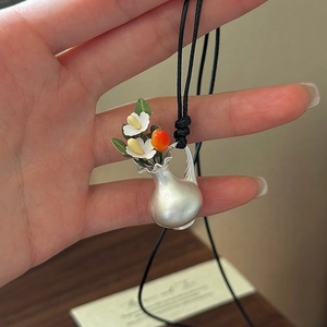 Collier Pendentif Vase en Argent Sterling S925 Vintage Minimaliste Chaîne de Pull en Argent Mat Bijoux pour Femmes