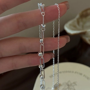 925 silver double layer necklace with fringe chain and polished metallic beads