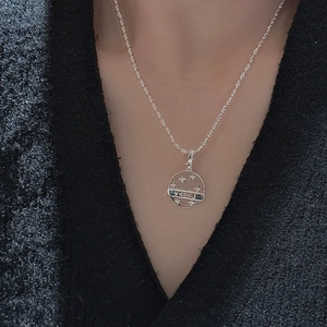 S925 sterling silver star moon pendant necklace featuring Lucky engraving on round disk