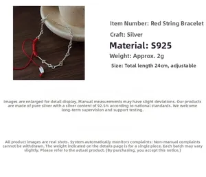 Detailed view of S925 sterling silver red cord bracelet with adjustable chain size details