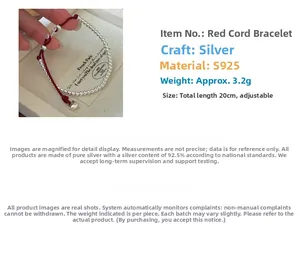 Detailed view of adjustable S925 sterling silver red rope bracelet, 20cm length and 3.2g