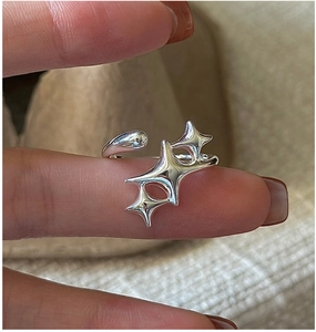Close-up of S925 sterling silver liquid star ring with polished metallic finish