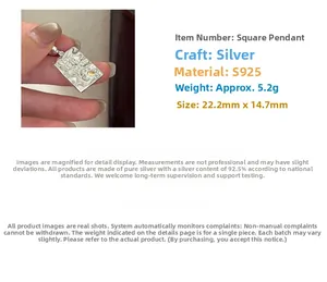 Macro detail of S925 silver rectangle pendant with engraved sun and Live in the moment text
