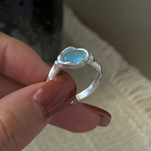 Vintage S925 Sterling Silver Irregular Matte Ring For Women Minimalist Light Blue Aquamarine Adjustable Opening Finger Ring Jewelry