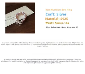 Detail of S925 silver bow ring with pink freshwater pearl and elastic band structure