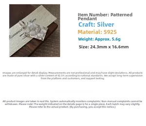 Detailed view of S925 sterling silver square daisy pendant with size and weight info