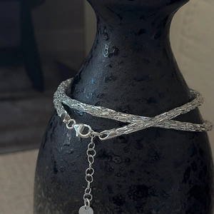 Italian S925 sterling silver mesh chain necklace with lobster clasp on a dark vase