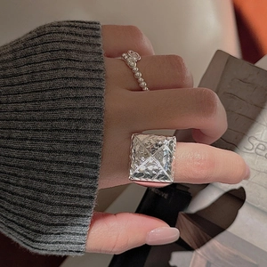 S925 sterling silver geometric square ring with CNC multifaceted metallic texture