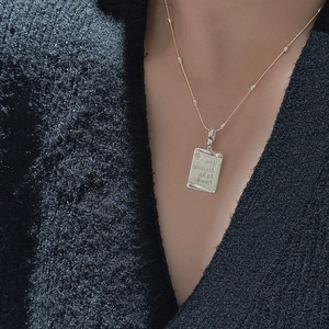 S925 sterling silver rectangle pendant necklace with engraved text and bead chain