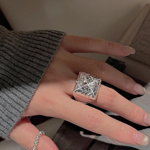 Minimalist S925 sterling silver chunky geometric square ring with beaded band stackable set