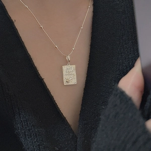 Vintage S925 silver square pendant necklace with Live in the Moment sun and moon engraving