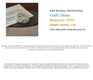 Close-up of S925 sterling silver beaded ring with elastic woven texture and hallmarking
