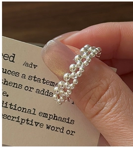 Close-up of S925 sterling silver beaded mesh ring with intricate metallic spheres detail