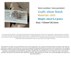 Detailed view of S925 sterling silver heart pendant with star engraving measuring 17.8mm