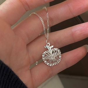 S925 Sterling Silver Radiating Texture Apple Pendant Necklace For Women Retro Minimalist Asymmetric Chain Clavicle Necklace