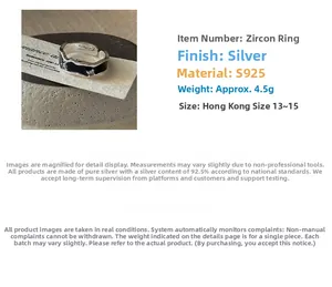Detailed view of S925 sterling silver ring with zircon inlay and 4.5g weight info