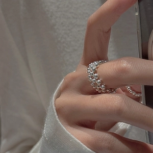 Minimalist S925 sterling silver beaded ring with gradient metal pearls for women