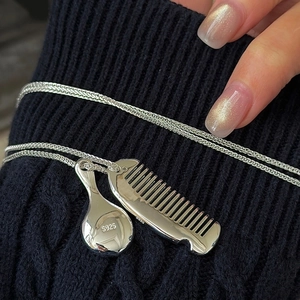 S925 sterling silver sweater necklace featuring detailed mini mirror and comb pendants