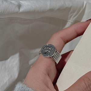 S925 sterling silver vintage coin portrait ring with wide vertical striped band for women