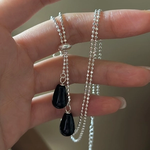 Collier Pendentif Goutte d'eau en Agate Argent Sterling 925 pour Femme Double Goutte Chaîne à Billes Ajustable