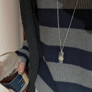 S925 sterling silver long sweater chain necklace with unique vintage mirror comb pendant