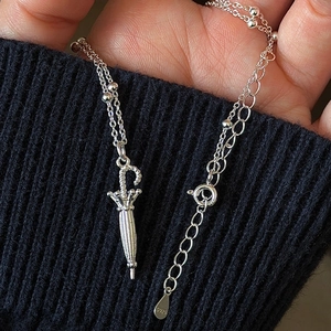925 Sterling Silver Umbrella Pendant Necklace For Women Retro Chic Korean Ins Style Double Layer Beaded Chain Necklace Jewelry