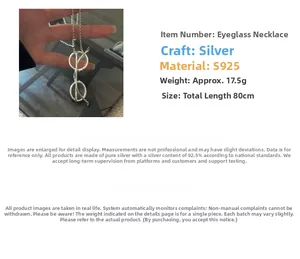 Collier pendentif lunettes en argent sterling S925 avec chaîne de 80cm style vintage