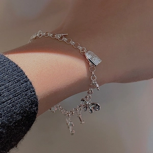 Retro S925 sterling silver chain bracelet with butterfly and engraved plaque pendant