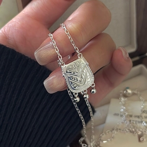 Vintage S925 sterling silver shield pendant necklace with dangling beads for women