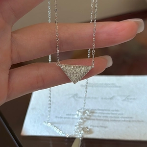925 Sterling Silver Triangle Pendant Necklace For Women Pave Rhinestone Geometric Clavicle Chain Korean Style Minimalist Jewelry