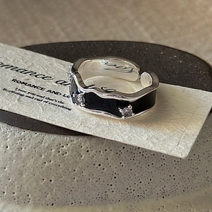 S925 sterling silver open ring featuring black enamel waves and sparkling zircon stones