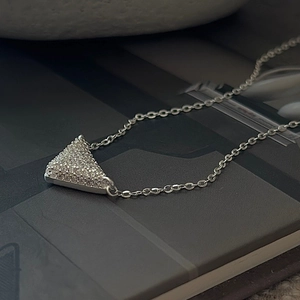 S925 sterling silver triangle necklace featuring sparkling pavé zircon on a fine chain