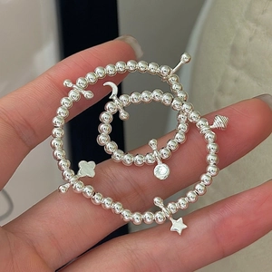 925 Sterling Silver Beaded Bracelet Set With Star Moon Clover Pendants Minimalist Korean Fashion Jewelry For Women Gift