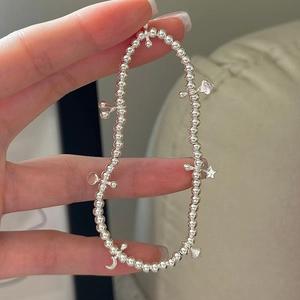 S925 sterling silver beaded bracelet featuring vintage star, moon and cherry charms