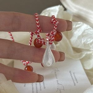 S925 Sterling Silver Water Drop Pendant Necklace Braided Red Cord Agate Beads Ethnic Minimalist Jewelry Gift For Women