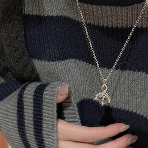 Minimalist S925 sterling silver necklace with arched rainbow pendant and crystal bead