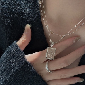 S925 sterling silver double layer necklace with engraved pendant and beaded chain