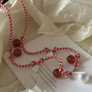 Minimalist S925 sterling silver red woven necklace with silver droplet and agate beads