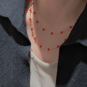 Elegant S925 sterling silver red bead necklace with delicate double layer gold chain