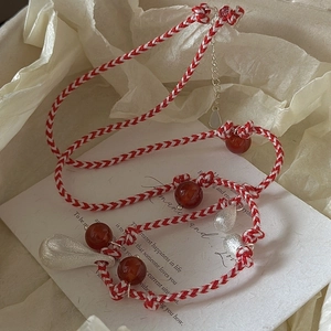 Minimalist S925 sterling silver red braided rope necklace with agate bead and metal droplet