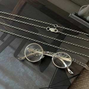 Collier lunettes rondes rétro en argent S925 avec chaîne polie et verres transparents